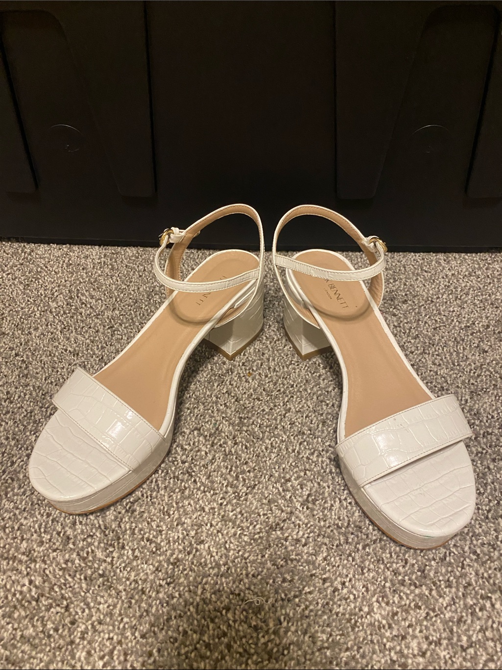Lk Bennett White Croc-Embossed Ankle Strap Block Heel Sandals